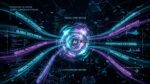 KPE JARVICE AI Search - Holographic AI search interface with glowing cyan query streams and neural core