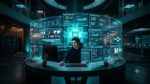 KPE JARVICE Solo Media Workflow - Lone creator in cinematic dark command center surrounded by holographic screens