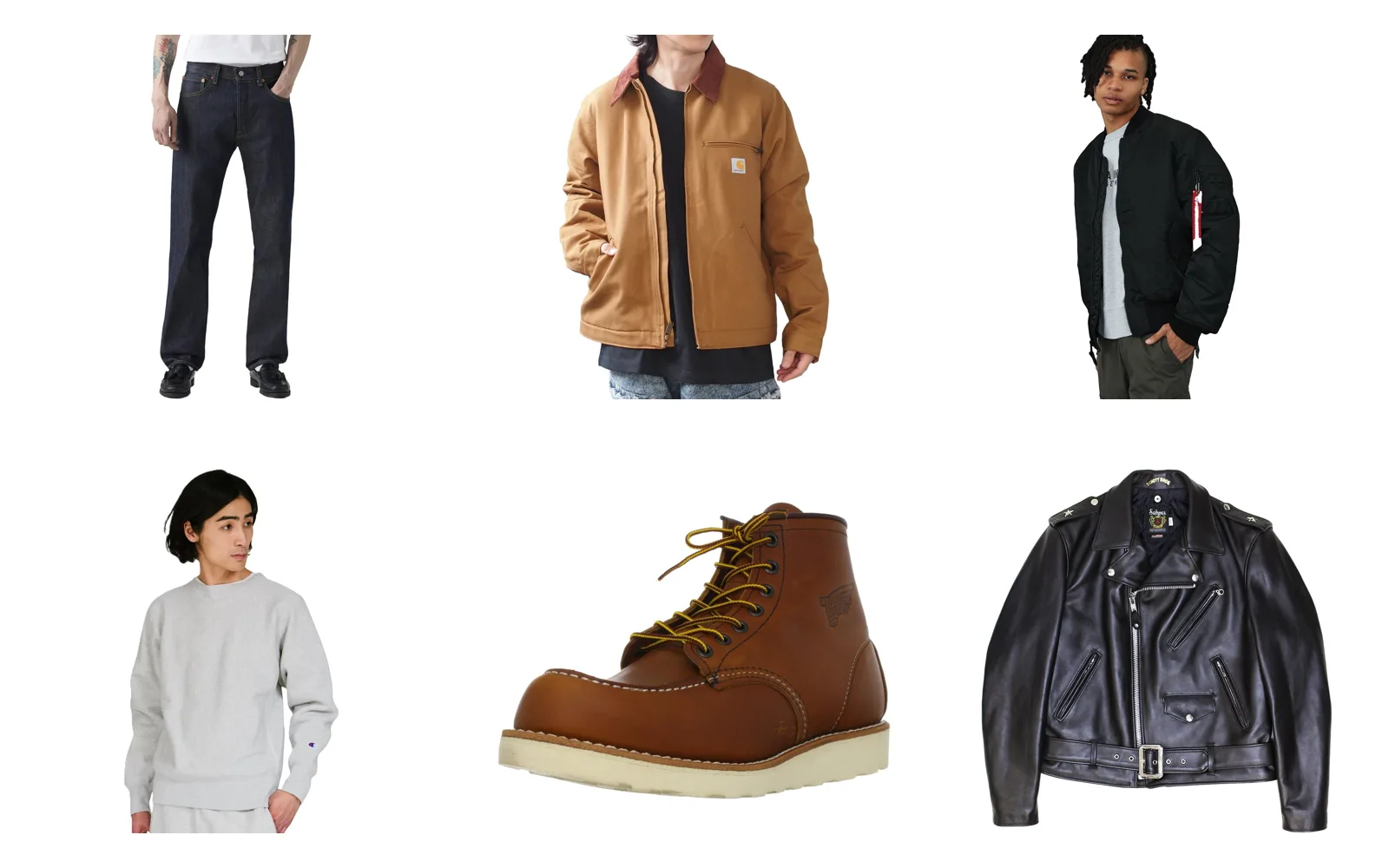 アメカジブランドの定番6点。Levi's 501、Carhartt デトロイトジャケット、Alpha Industries MA-1、Champion リバースウィーブ、レッドウィング 875、Schott 613US